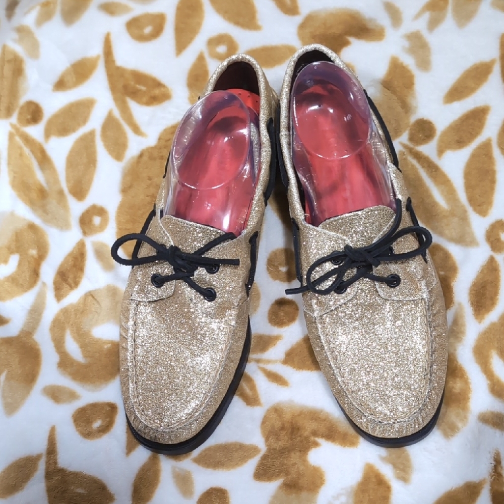 Sebago Gold Glitter Boat Shoes Metallic Sparkle Loafers Black Laces Size 10